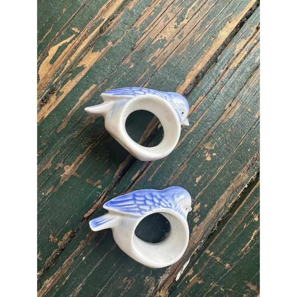 Vintage Blue Bird Ceramic Napkin Rings Set of 2 Blue White Porcelain Figurines
